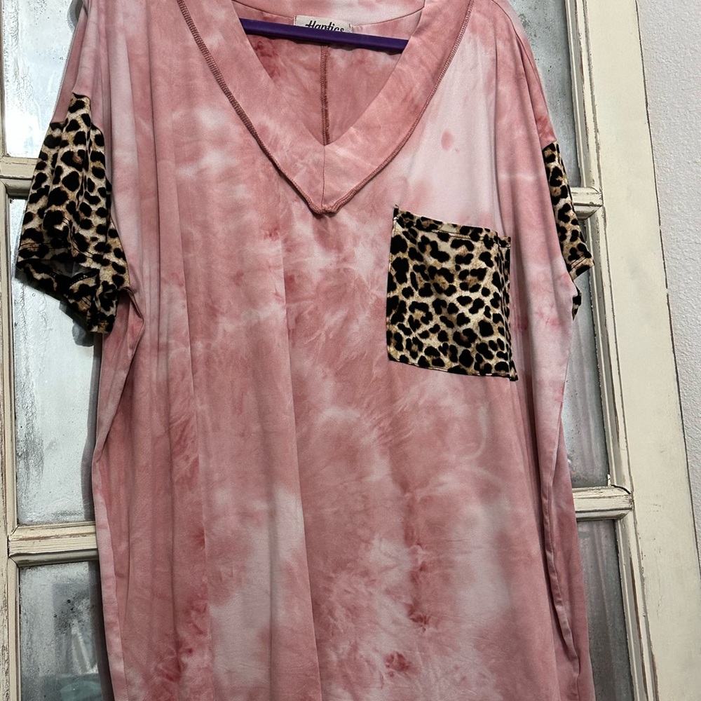 Pink Tie-Dye Short Sleeve Top with Leopard Accents